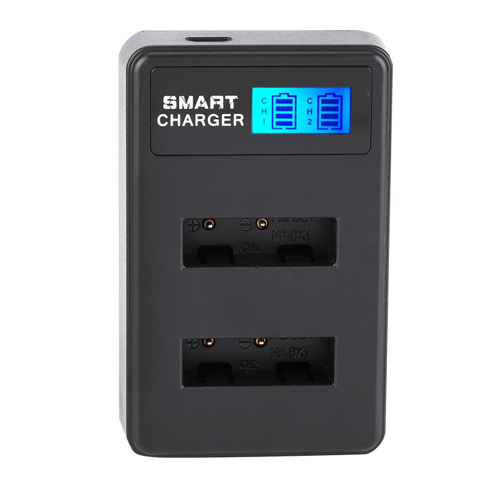 Portable Travel Outdoor USB Charging LCD Dual Slots Charger for NP-BX1 Battery Black