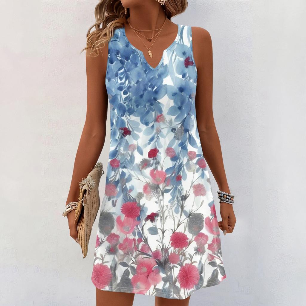 Женские летние платья с V-образным вырезом и принтом без рукавов Сарафан Повседневное платье