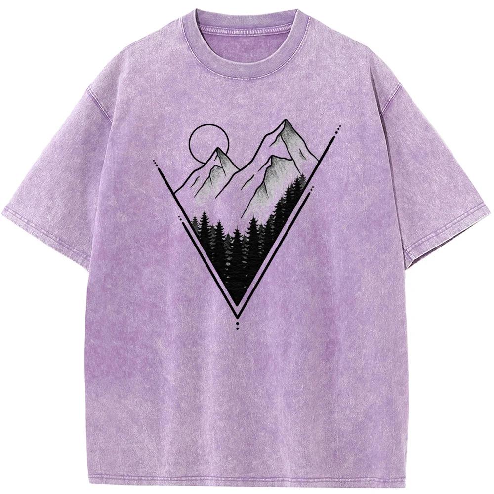 Геометрический горный закат Принт Футболка с коротким рукавом Мужская и женская Повседневная футболка Выстиранная состаренная футболка в старом стиле