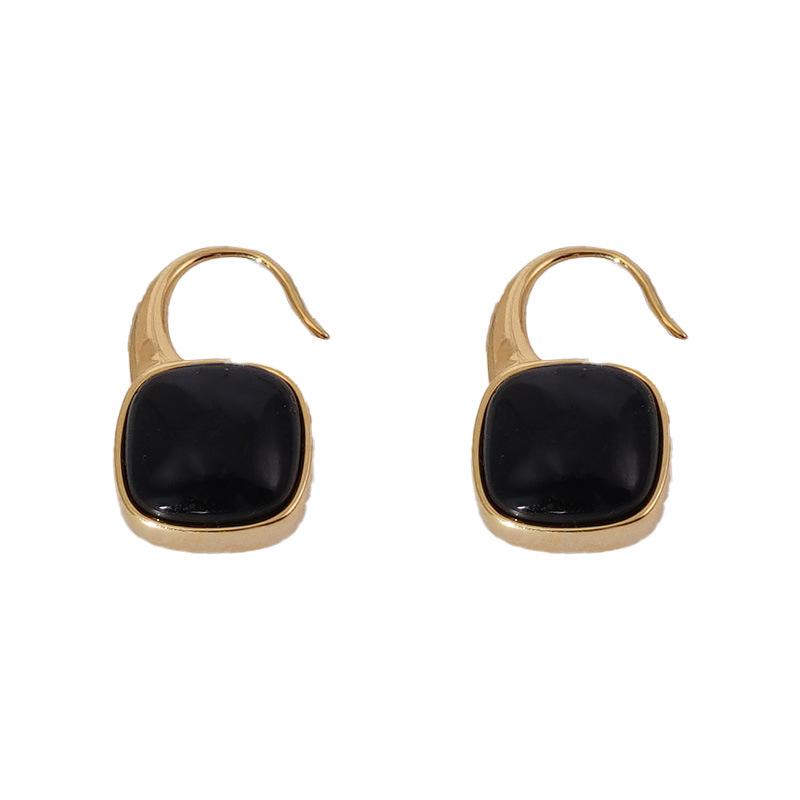 Black Agate Square Atmosphere High-End Ear Hooks Hong Kong Style Retro Light Luxury Exquisite Small