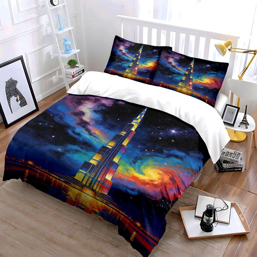 Colorful skyscraper and galaxy. Bedding sets Duvet cover sets Duvet covers Pillowcases(1 * Duvet Cover 2 * Pillowcases without duvet insert)