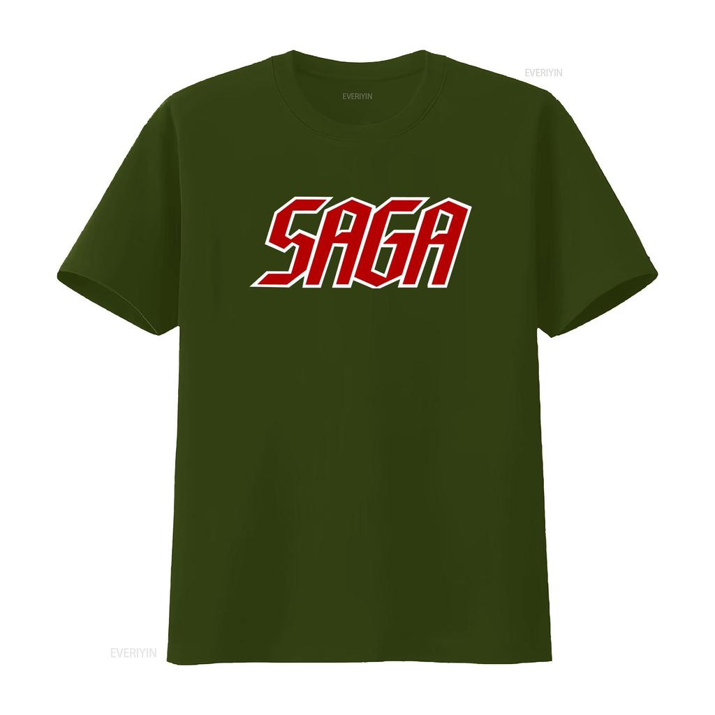 Saga Band Logo Black T Shirt All Sizes Available Bold Red White Design for Music Fans Comfortable Cotton Fabric Perfect