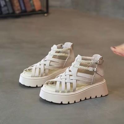 Модные Толстые Сандалии Летние Новые Круглый Носок Перекрестные Круглый Носок С Неглубоким Вырезом Открытый Носок Задняя Молния Нескользящие Каблуки-Котята