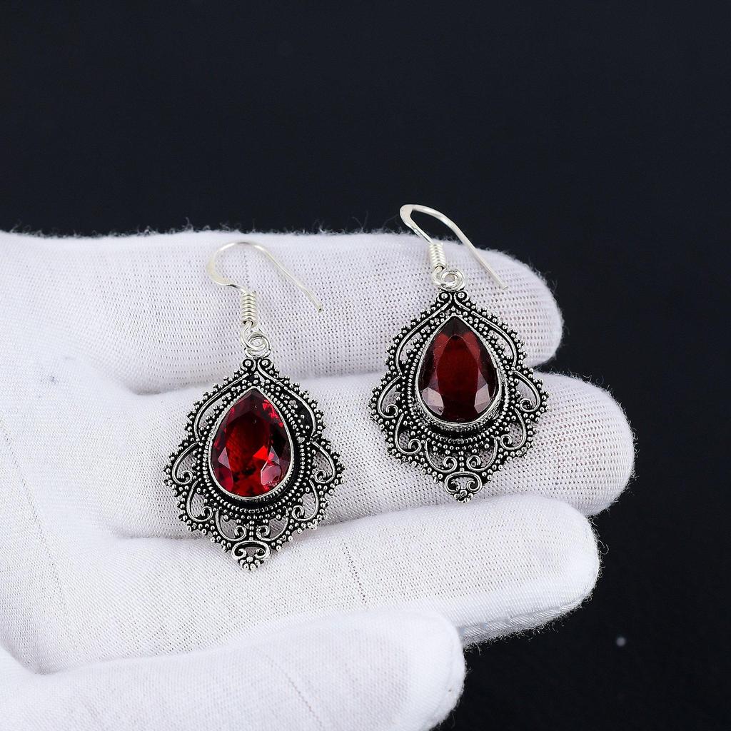 Серьги с красным гранатом, серьги с драгоценными камнями, старинные серебряные серьги с красным гранатом, ювелирные изделия из серебра 925 пробы, серьги с драгоценными камнями для нее