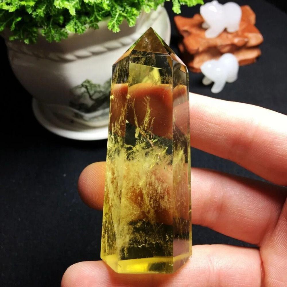 Unique Natural Crystal Beautiful Yellow Gem Home Decor Hexagonal Wand Column Energy Stone Pyramid
