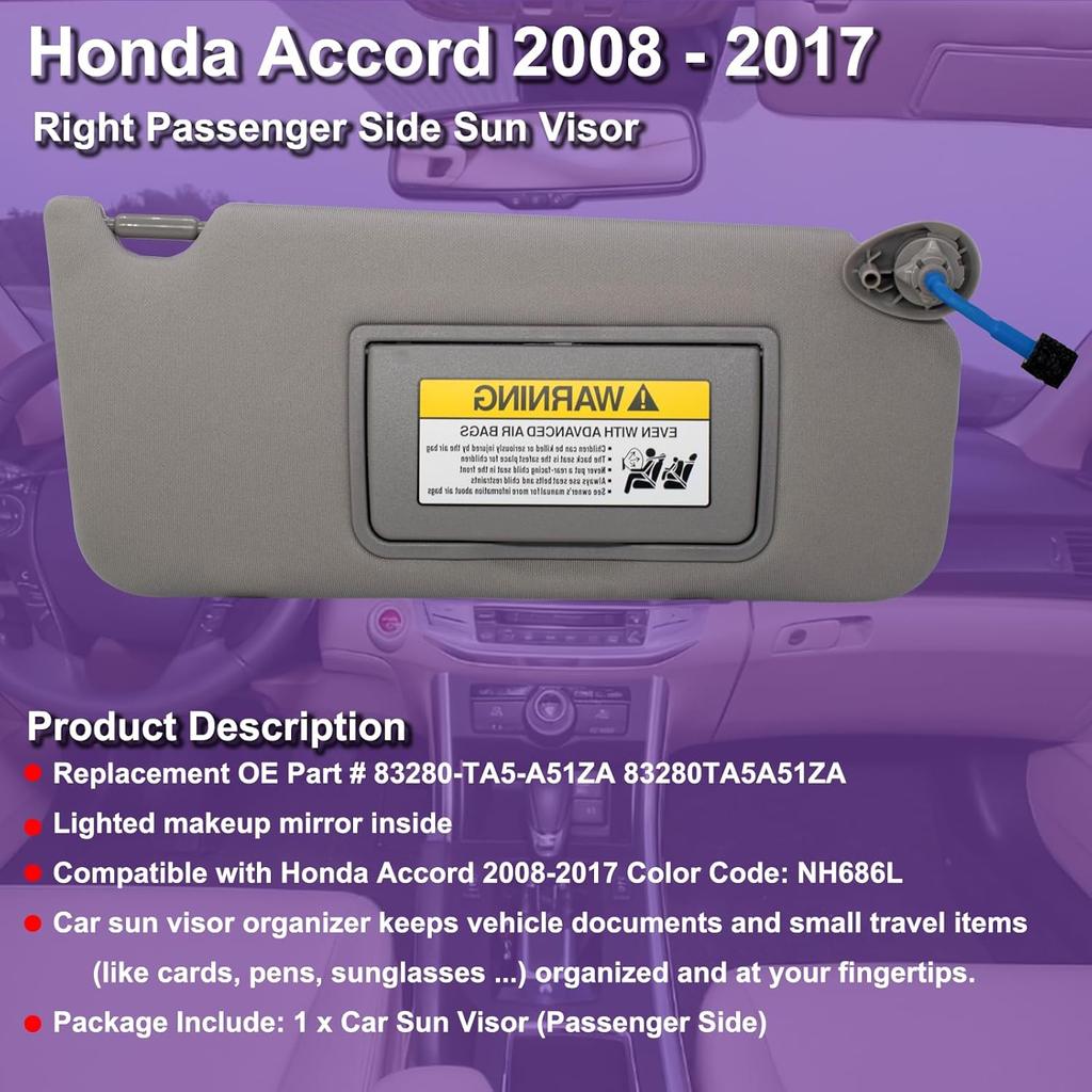 NHILES Солнцезащитный козырек для пассажира справа Совместим с Honda Accord 2008 2009 2010 2011 2012 2013 2014 2015 2016 2017 С подсветкой Заменяет # 83230TA0A91ZA