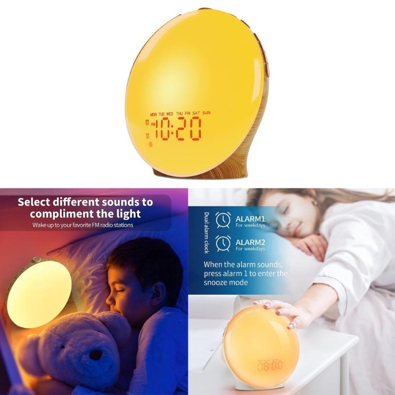 Будильник-симулятор восхода солнца, световой будильник для пробуждения с регулируемым красочным ночником, радио, 2 будильника, настольные часы с текстурой дерева