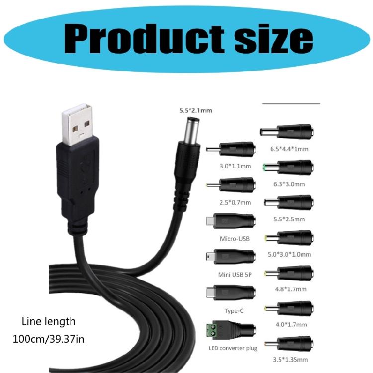Кабель-адаптер питания USB на 5.5x2.1 мм с 13 сменными разъемами для динамика, светодиодной ленты, маршрутизатора, электронных устройств