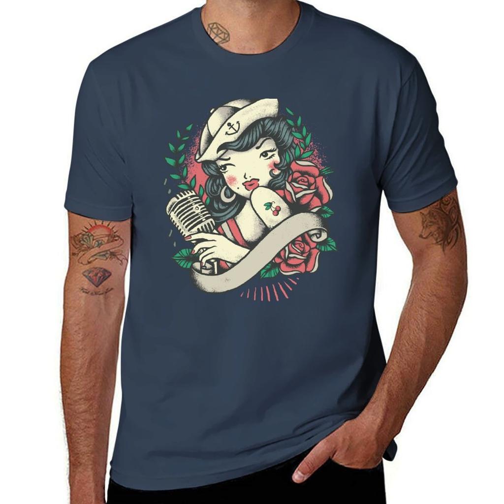 Vintage Pinup Girl T-Shirt T Shirts for Man Slim Fit Funny T Shirts Cotton T-Shirt