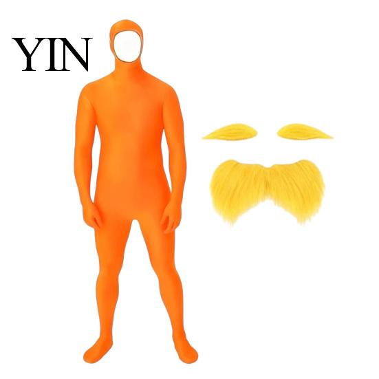 Fun Family Costume Face Open Halloween Costume, Unisex Full Body Orange Bodysuit with Beard Classic Cosplay Eyebrows for Men Women, Adult Stretchy