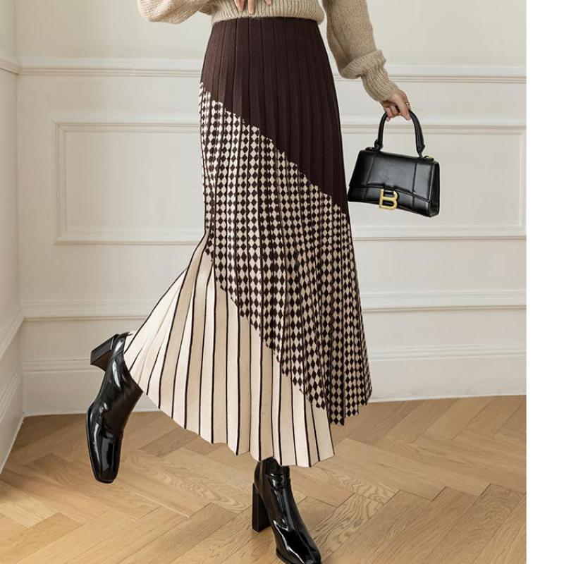 Зимние трикотажные юбки, женские плиссированные юбки с высокой талией и большими качелями, офисные женские туфли