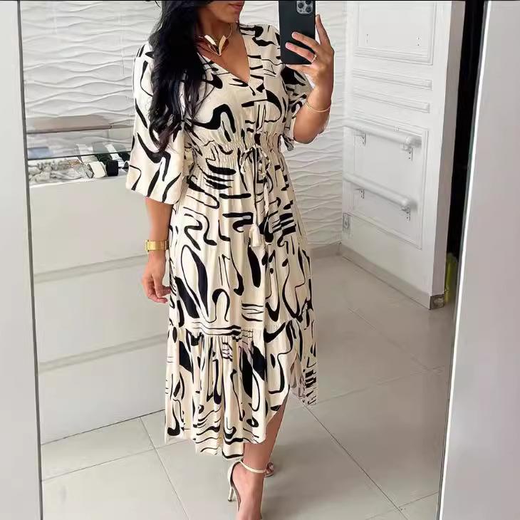 Женское платье-сарафан летнее с принтом рукав до локтя с V-образным вырезом А-силуэта миди платье