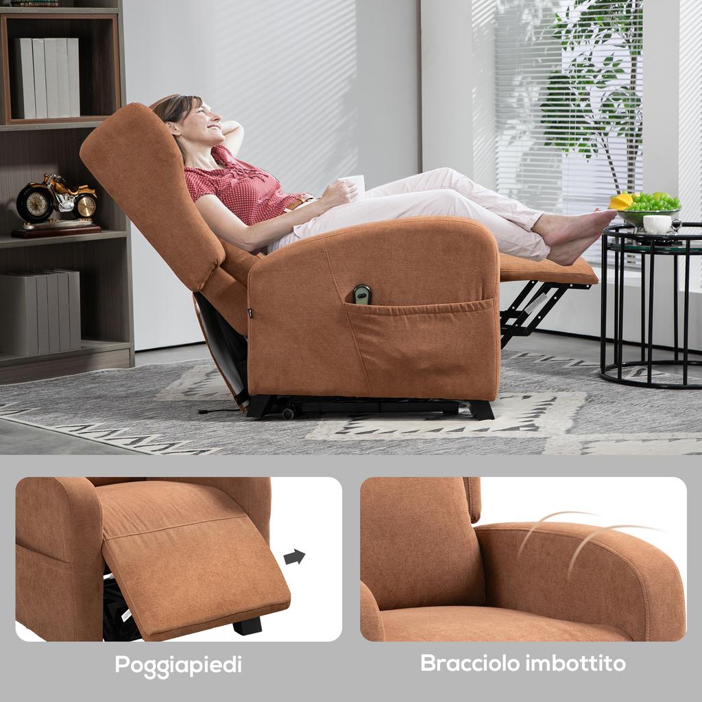 Poltrona Relax Alzapersona In Velluto Con Schienale Reclinabile A 160 degrees Con Telecomando Marrone Scuro
