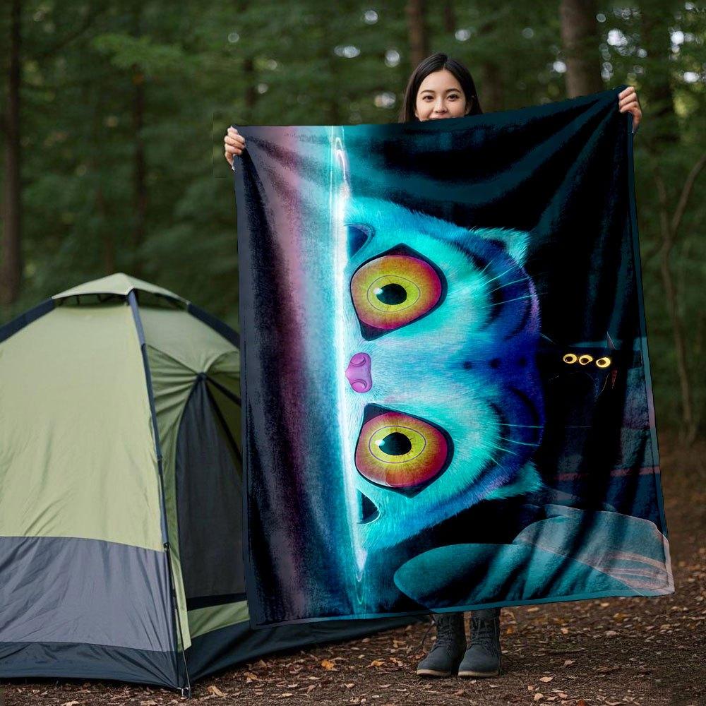 "Whimsical Cat with Trippy Eyes Wall Art Print"Blanket Lightweight Flannel Throw Blanket for Sofa, Bed, Travel, Camping, Livingroom, Office,