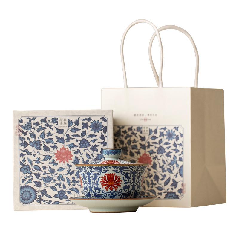Tangzhi Lotus Ceramic Cover Bowl Chinese Teacup with Cover Kung Fu Tea Set Sancai Cover Bowl Tea Bowl Salute Tea Bowl