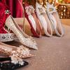 Autumn Luxurious Rhinestone Sequins Thick Heel Low Heel Comfortable Women's Single Shoes Dress Wedding Shoes