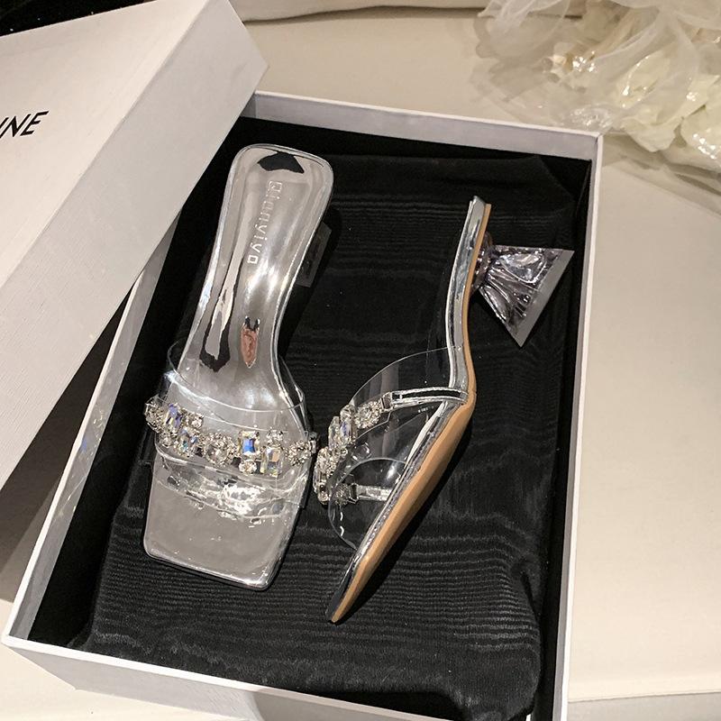 2025 лето новые хрустальные прозрачные шлепанцы на толстом каблуке с горным хрусталем, модные туфли на высоком каблуке для женщин