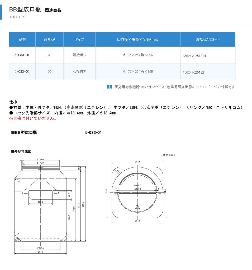 AS ONE Бутыль с широким горлом типа BB объемом 20 л (сделанный полиэтилен) /5-033-01