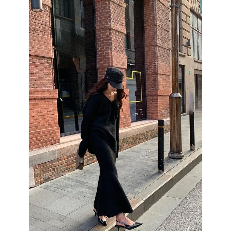 Ленивый свитер, трикотажный костюм, платье для женщин на осень и зиму, пуловер с V-образным вырезом, трикотажный свитер, топ, юбка, модный комплект из двух предметов