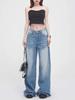 Складчатые синие элегантные потертые джинсы, женские универсальные винтажные брюки со шваброй, свободные прямые модные дизайнерские широкие брюки, уличная одежда