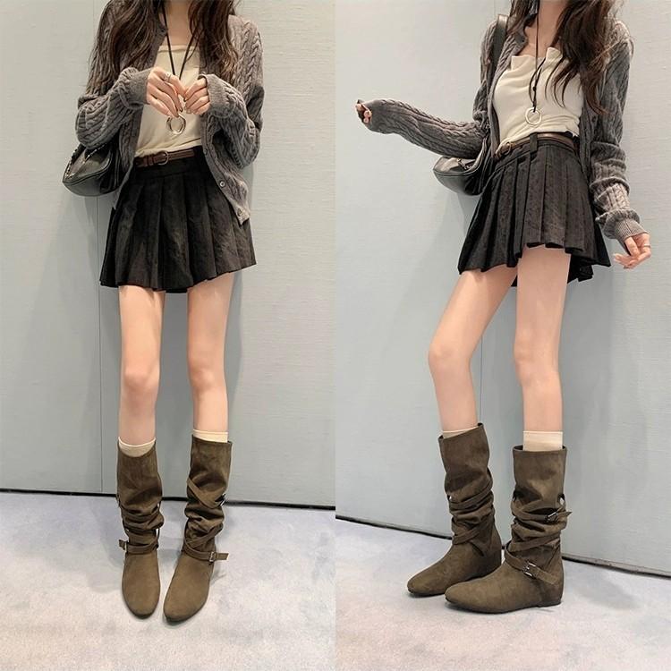 Norway Pile Boots~ 5cm Inner Height Increase Cross Buckle Medium Height Cowboy Boots Women's Western Boots Retro Knight Boots