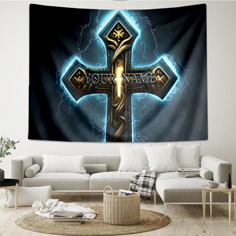 [Custom Name Tapestry]Cross Power Protection Printed Tapestry, Library Bedroom Dormitory Decor Wall Hanging Tapestry
