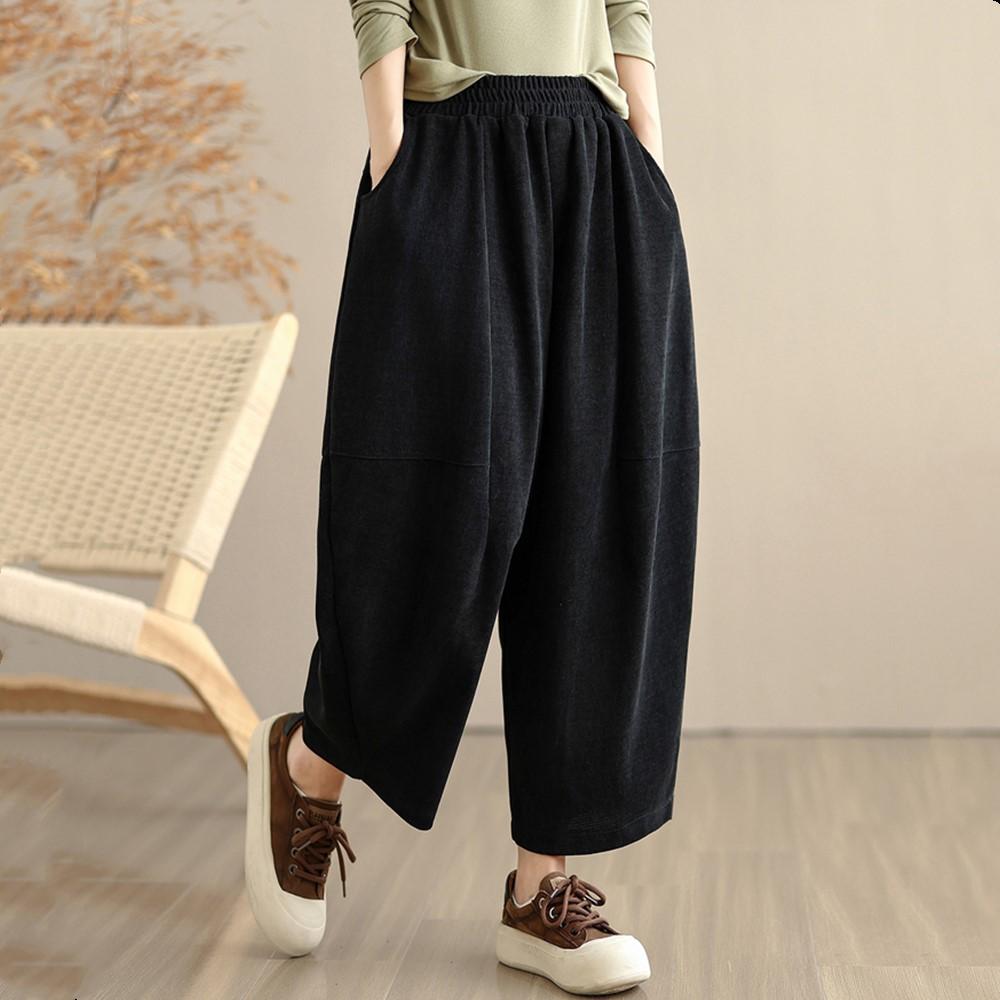 Вельветовые больших размеров Винтажные с высокой талией повседневные свободные Весенне-осенние Брюки-шаровары Женские брюки