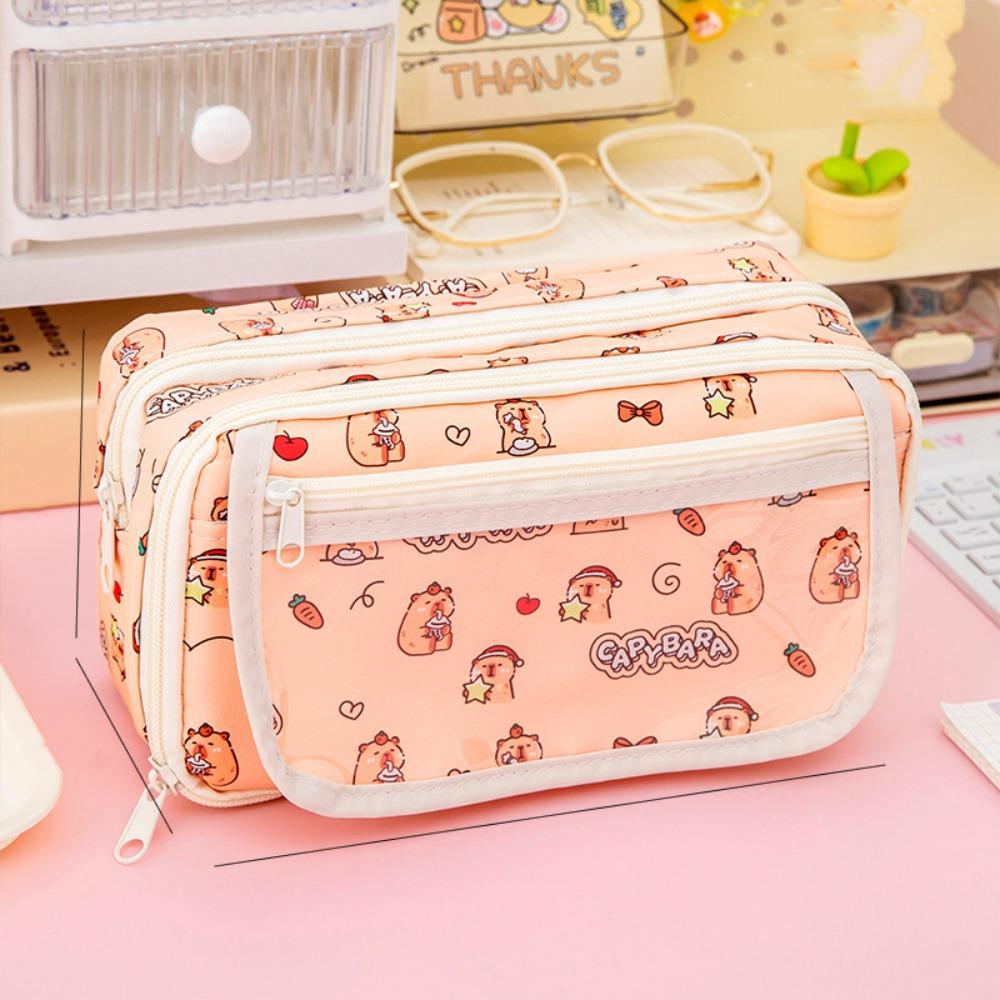 Canvas Cartoon Pencil Cases Large Capacity Stationery Bag Portable Capybara Pen Bag  Students Gift