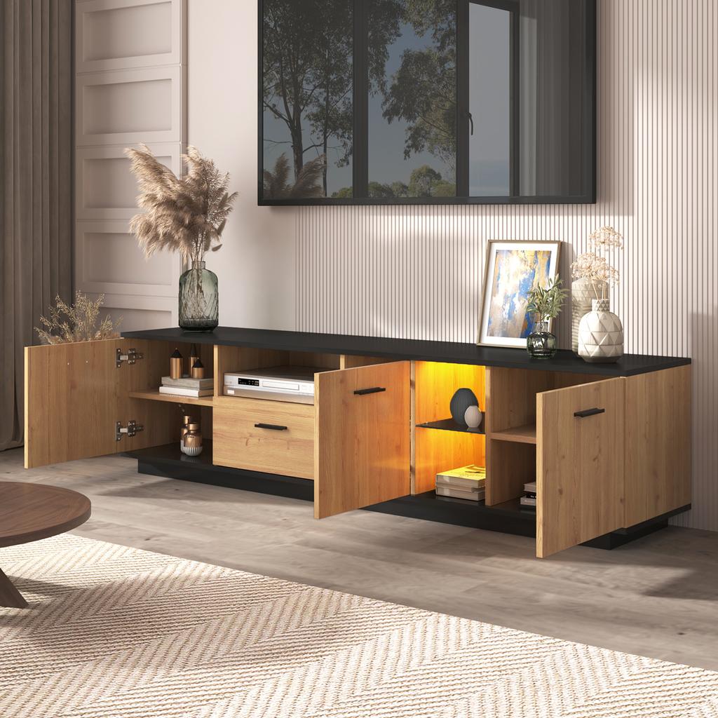 TV Cabinet with One Drawer, Three Doors, Two Open Compartments with Glass, Fine Structure, Black and Natural Wood Colors, 16 Variable LED Lights