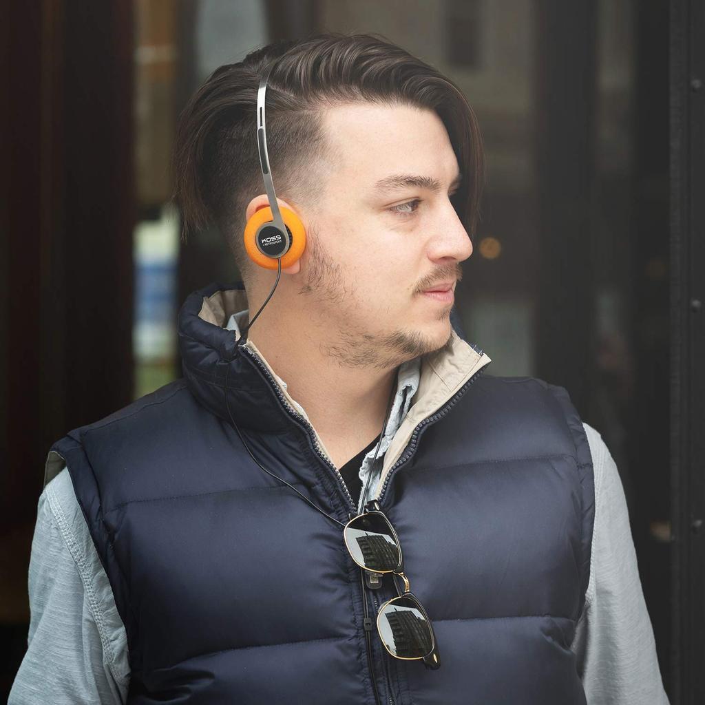 Наушники-вкладыши Koss x Retrospekt Retro Retro Orange, регулируемые, проводные, оранжевые, P/21, с пеной, оголовьем, штекером 3,5 мм, черного и серебристого цветов.
