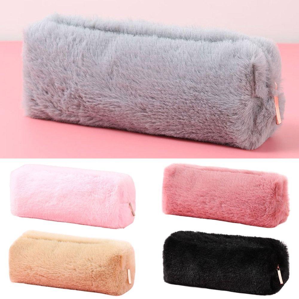 Makeup Pouch Handbags Plush Pencil Case Large Capacity Pencil Bag Stationery Pen Bag Solid Color