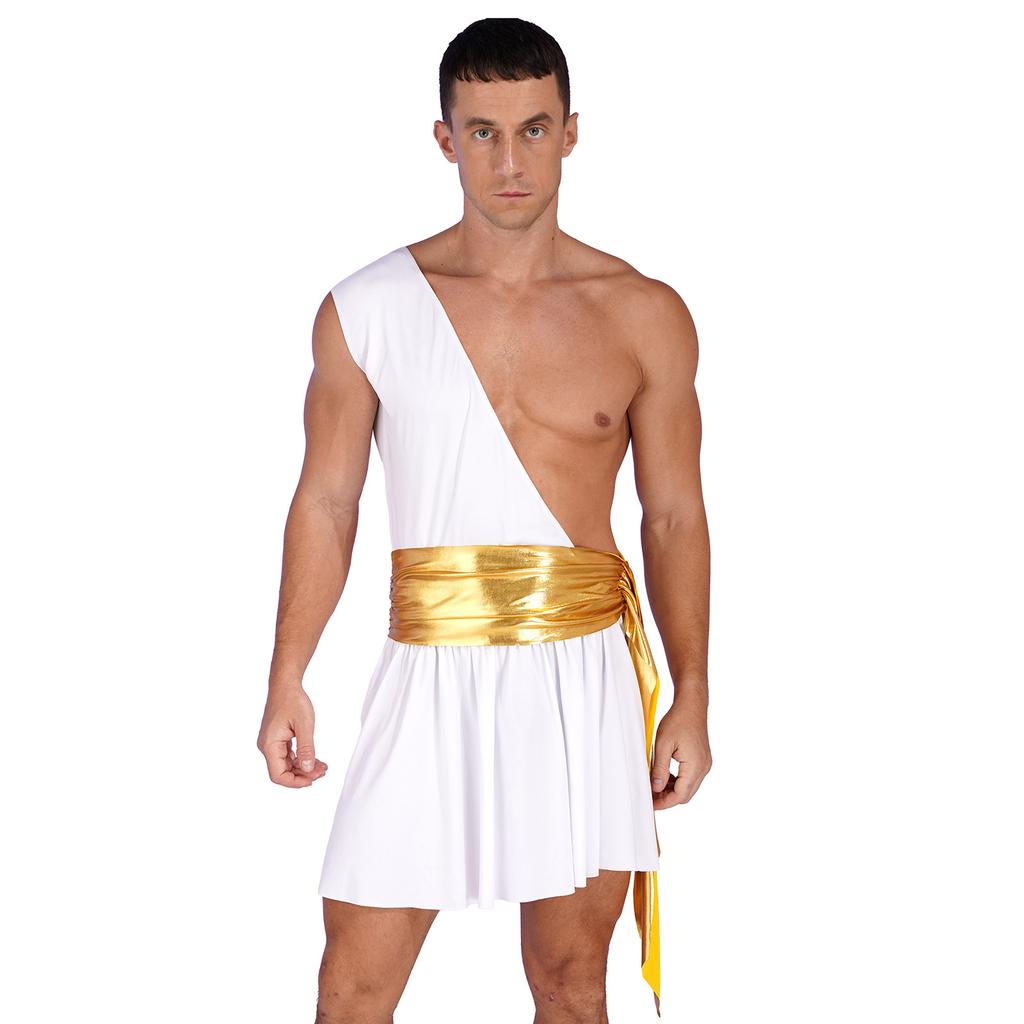 Mens One Shoulder Ruffle Dress Metallic Ruched Belt Ancient Greek Costume Halloween Stage Performance Outfit