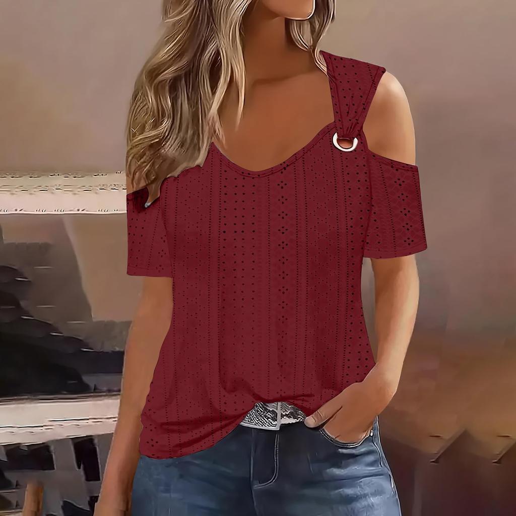 Новая повседневная однотонная женская футболка с короткими рукавами и v-образным вырезом с открытыми плечами, топ