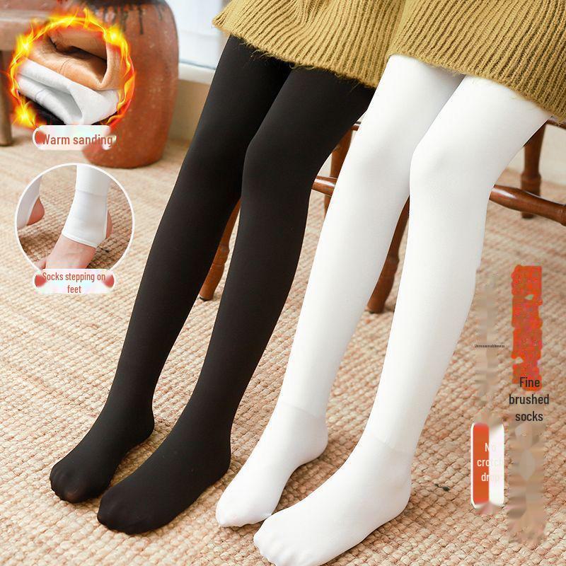Girls' Velvet Thickened Winter Leggings – White Dance Pantyhose and Outerwear for Kids