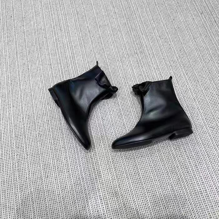 Cowhide Version~ 2025 New Korean Version Leather Round Head Bow Lace-up V-mouth Flat Bottom Casual Versatile Short Boots Women