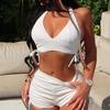 Women's Swimsuit Solid Color Halter Neck Sexy Backless High Waist Boxer Shorts Split Swimsuit Bikini Beachwear Bathing Suits