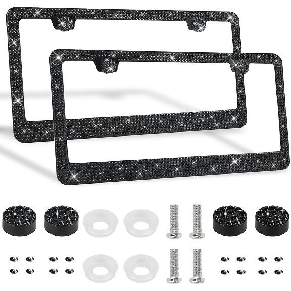 2 Pack Bling License Plate Frames Premium Sparkly License Plate Frame For Women Durable Black Bling Car Accessories