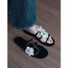 Sheepskin Version of Flower Flat Bottom One-word Slippers Women's Summer Wear Holiday Beach Open-toed Cold Slippers