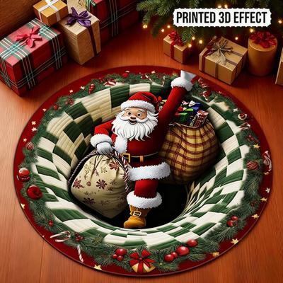 Рождественский 3D ковер Санта-Клаус/Гном/Собака Стеганый Круглый Ковер с Завихрениями Нескользящий Коврик для Двери с Эффектом Оптической Иллюзии и Глубины для Декора Прихожей/Гостиной