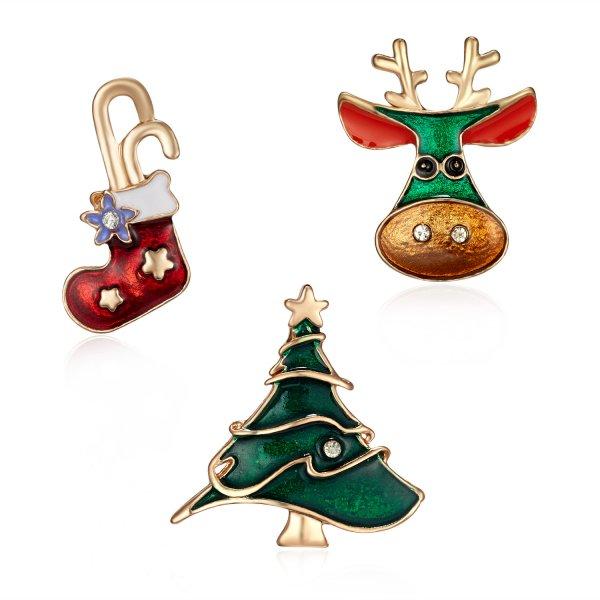 Rinhoo 3pcs/set Christmas Santa Claus Deer Snowman Brooch For Women Xmas Hat Gloves Tree Star Acrylic Enamel Badge Party Jewelry