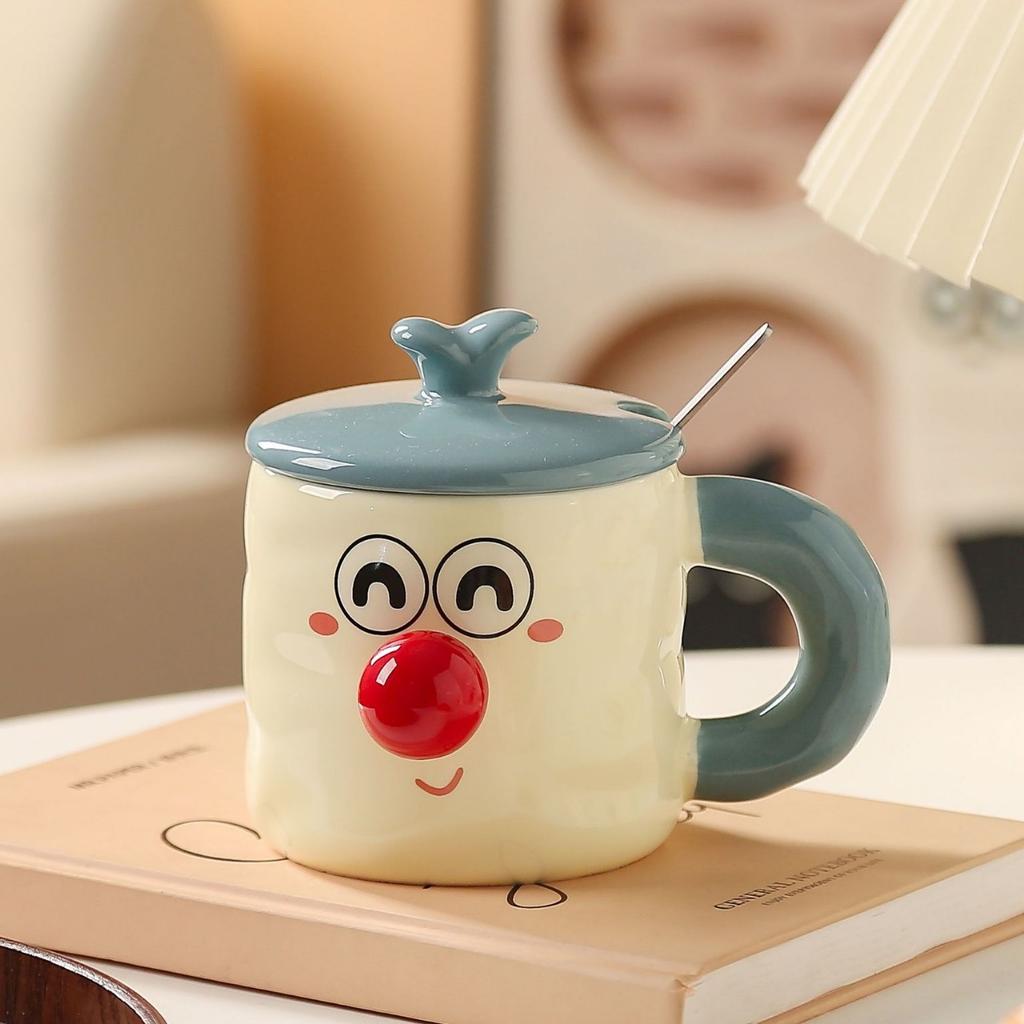 Cute Cartoon Ceramic Water Cups Couple Covered Mugs  Funny Expression Cups  Practical Gift Cups for Girls