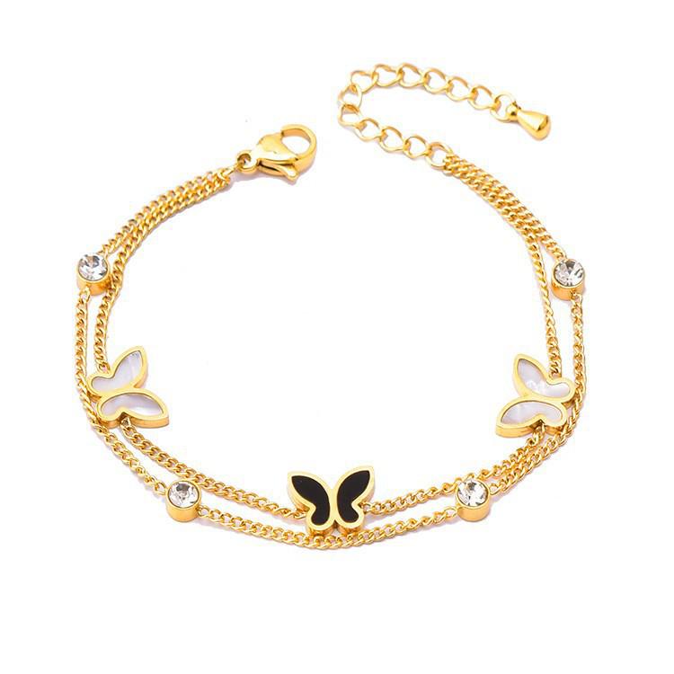 Exquisite Black & White Butterfly Double-Layer Titanium Steel Bracelet for Women: High-End, Versatile Hand Jewelry