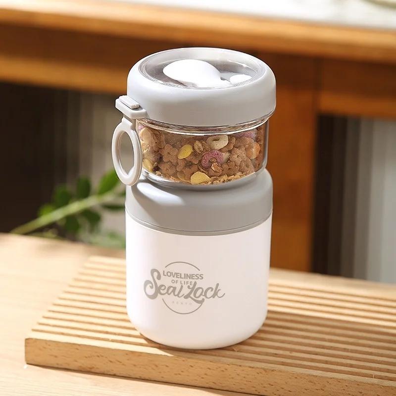 Double Layer Soup Cup Oatmeal Cup with Spoon Stainless Steel Breakfast Milk Bowl Office School Picnic Portable Food Container