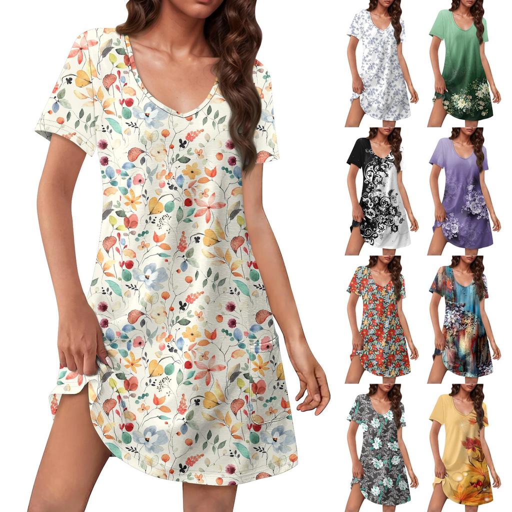 Женский повседневный сарафан с карманами, летнее пляжное платье в стиле бохо, цветочные блузки для женщин, футболки, платья с V-образным вырезом, свободные платья