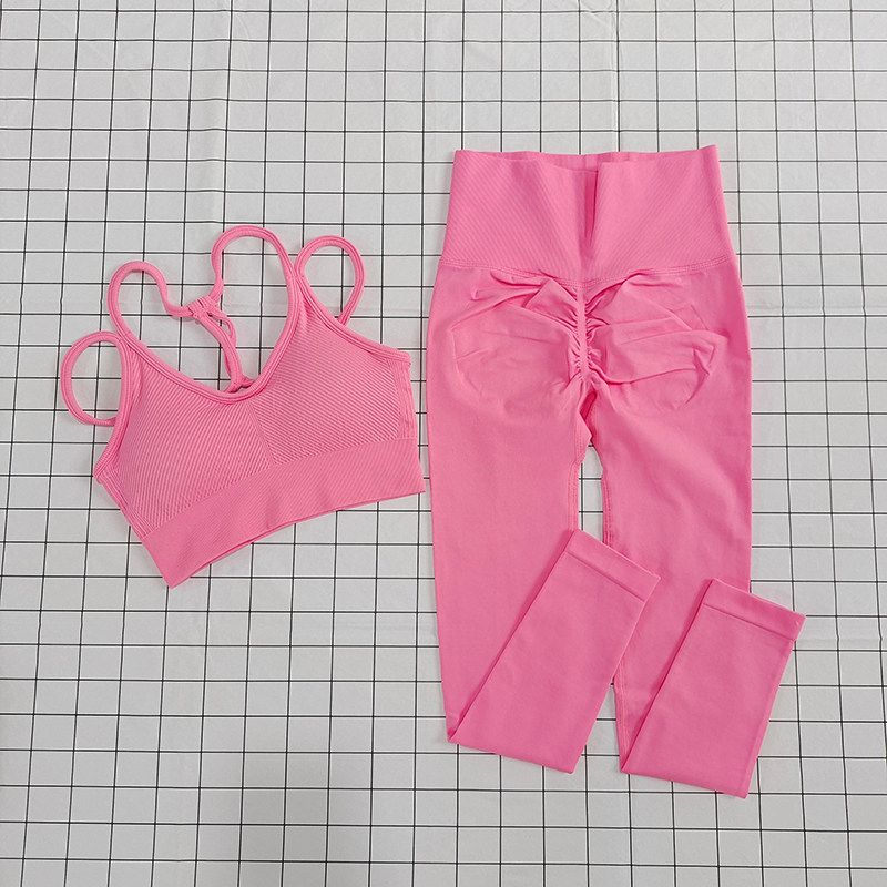 Suit for Women, Two-Piece Running Training Set, European and American Style Yoga Straps, Beautiful Back Design, Fitness High-Waisted Peach Pants
