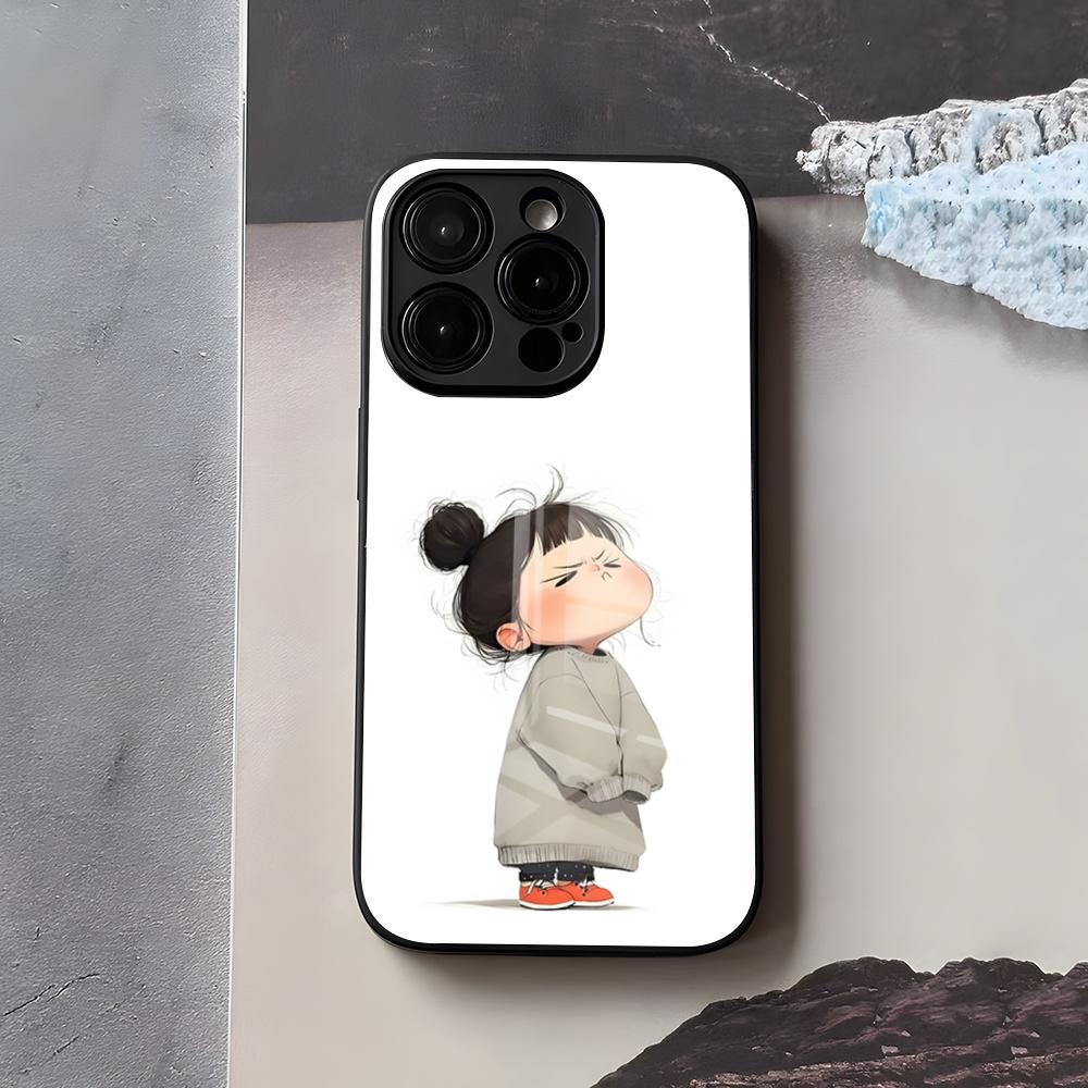 Милый Сердитый Маленький Девочка Чехол Для Телефона Для IPhone 17 Air 16 E Pro Max 15 14 13 Mini 12 Pro 11 Max Plus Черная Стеклянная Крышка