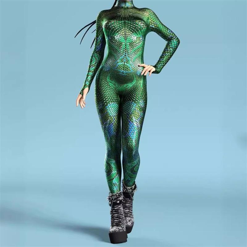Halloween Snake Print Cosplay Jumpsuit Women Sexy Animal Bodysuit Festival Party Zentai Suit Rave Catsuit Pole Dance Set New