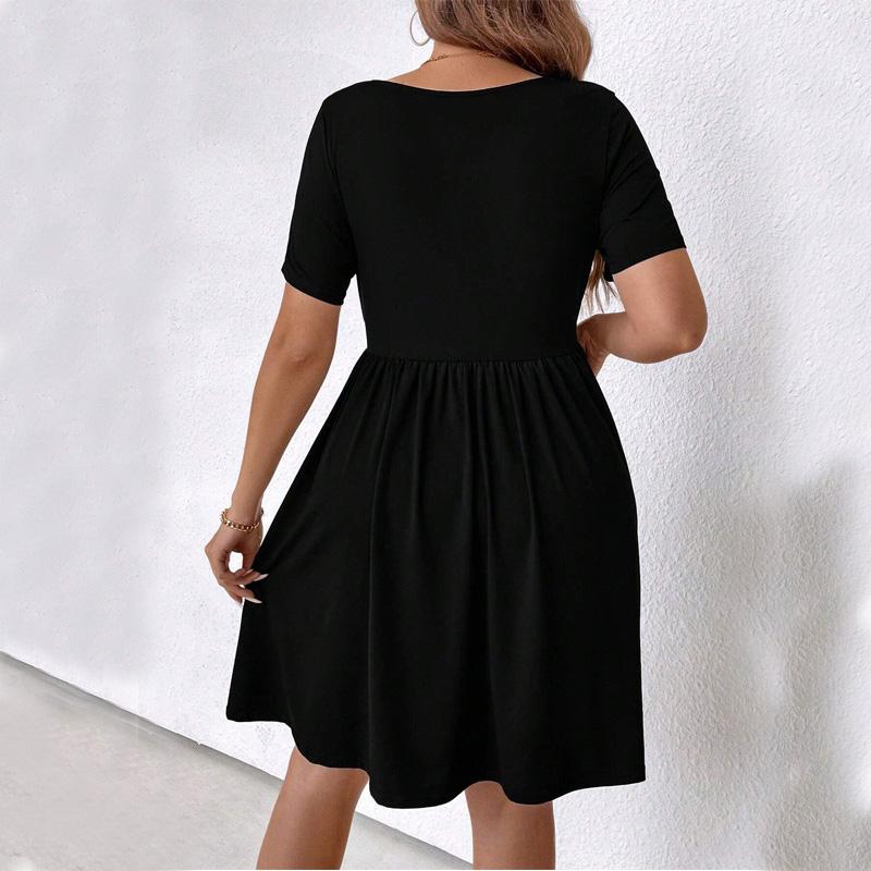 Summer Casual Short Sleeve Dresses Fold Design Solid Color Dress Women's Square Neck Black Dress Loose High Waist Dress Commuter Fashion Dresses