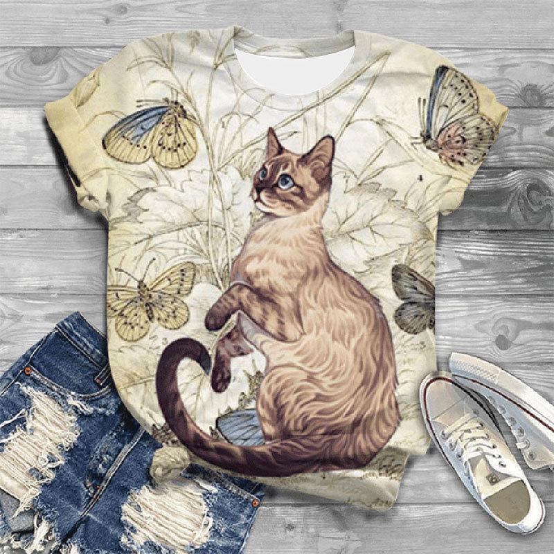 Summer Round Neck 3D Animal Cat Dog Print Top Fashionable Casual Short Sleeved Women's T-shirts