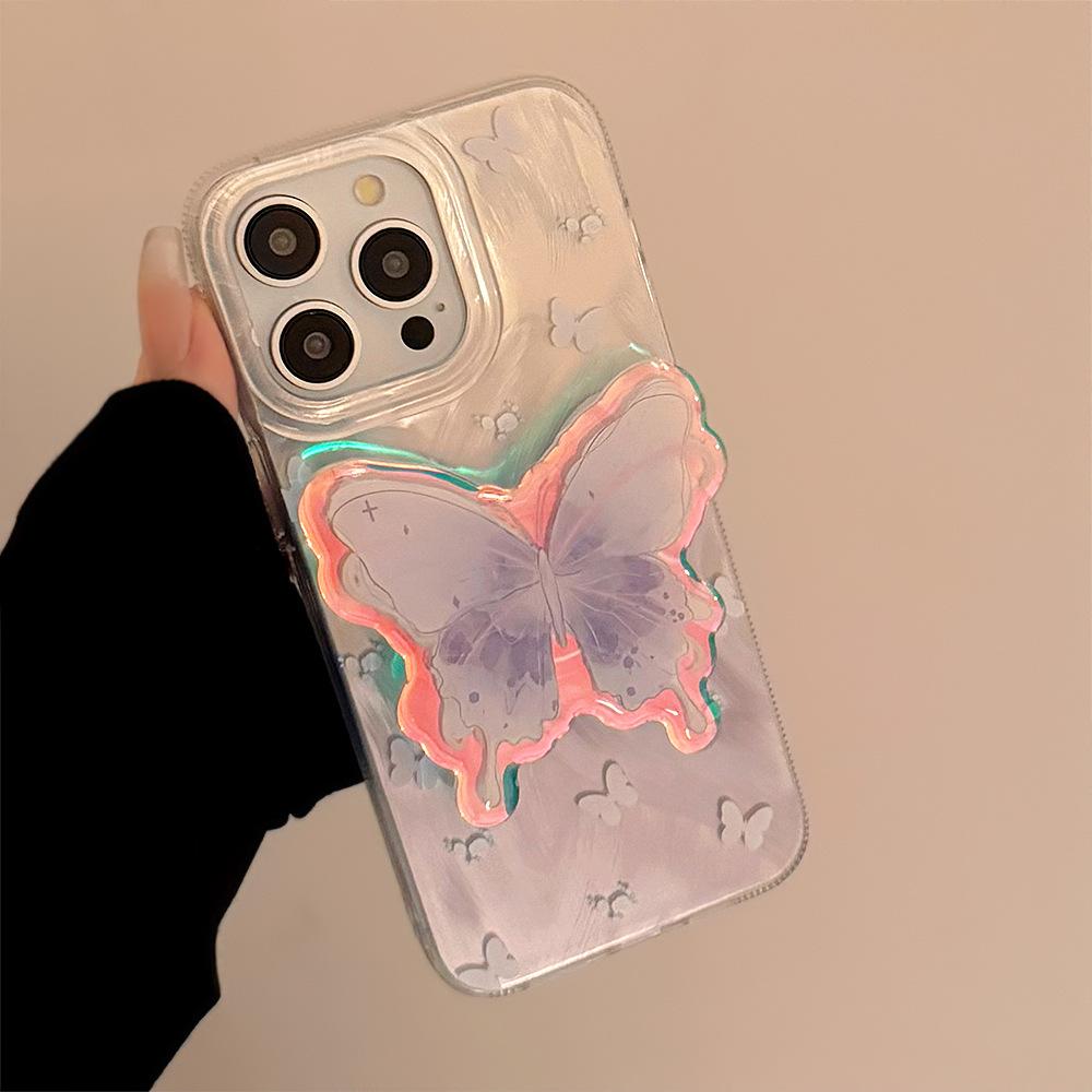 Светло-лиловая Бабочка Яблоко Совместимый с iPhone 17 Pro Max Чехол для телефона iPhone 16, 15 Перьевая Газа Элегантный Стиль, 14 Подставка, 13 Красивый Чехол для телефона